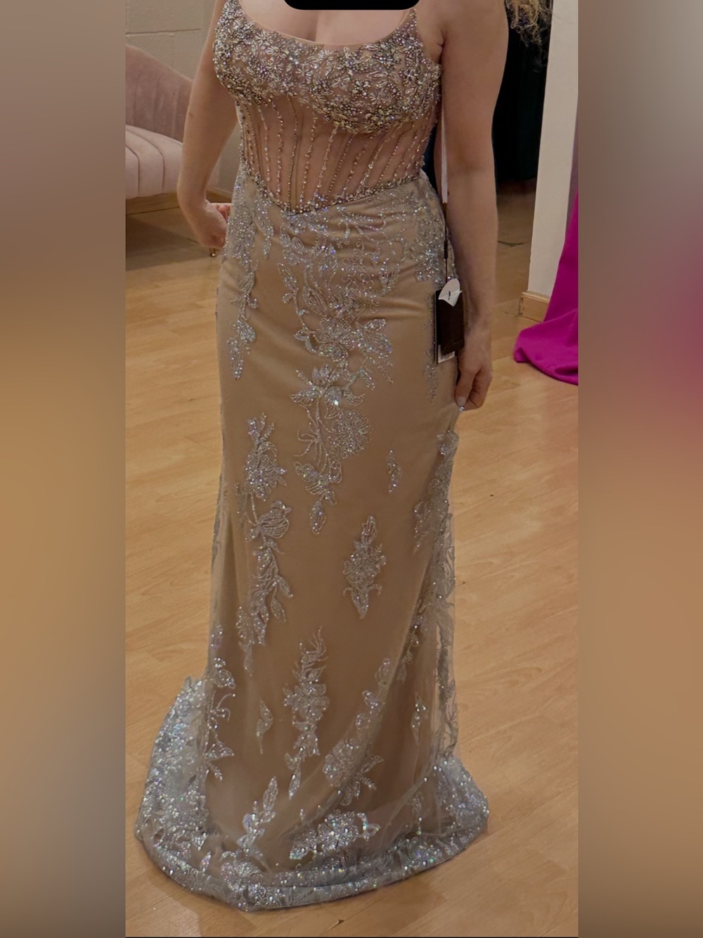 Elegant Nude-Beige Embellished Evening Gown